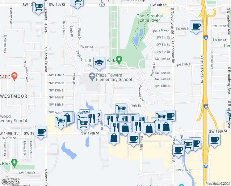 map of restaurants, bars, coffee shops, grocery stores, and more near 767 Southwest 14th Street in Moore