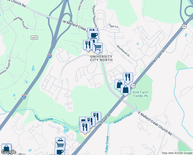 map of restaurants, bars, coffee shops, grocery stores, and more near 326 Rosewood Park Lane in Charlotte