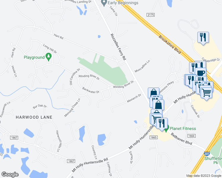 map of restaurants, bars, coffee shops, grocery stores, and more near 9540 Brighthaven Lane in Charlotte