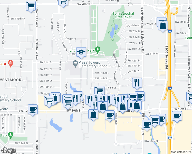 map of restaurants, bars, coffee shops, grocery stores, and more near 787 Southwest 14th Street in Moore