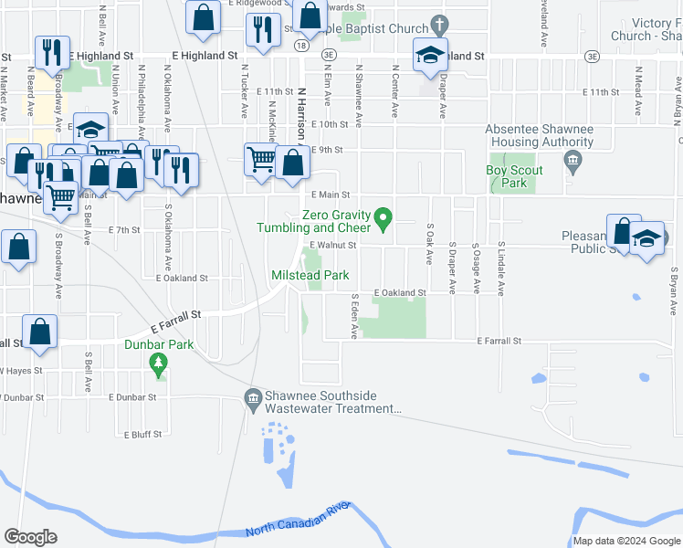 map of restaurants, bars, coffee shops, grocery stores, and more near 223 South Dixon Avenue in Shawnee