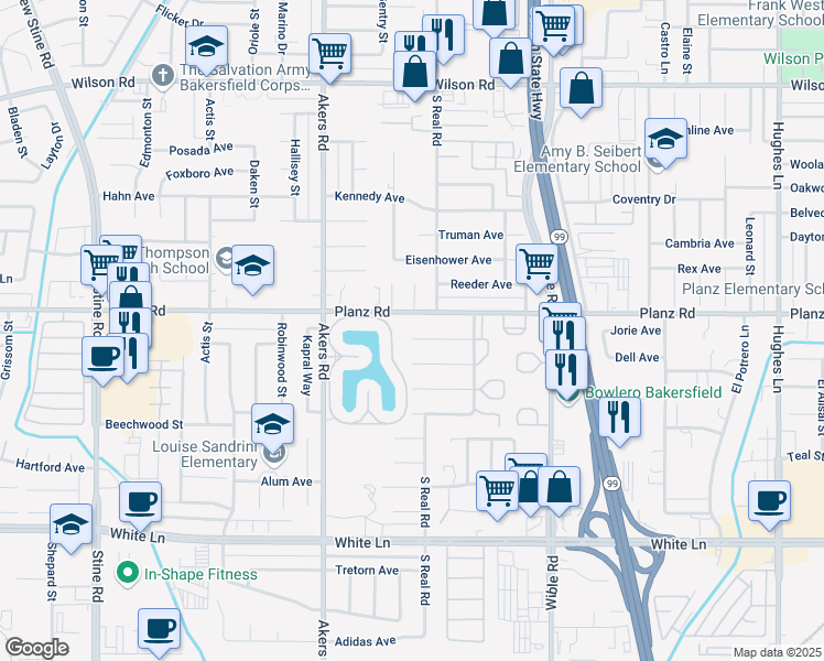 map of restaurants, bars, coffee shops, grocery stores, and more near 3221 Johnson Court in Bakersfield