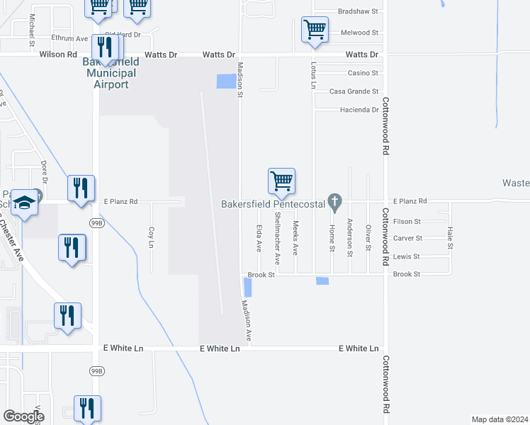 map of restaurants, bars, coffee shops, grocery stores, and more near in Bakersfield