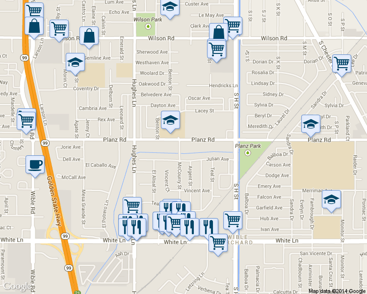 map of restaurants, bars, coffee shops, grocery stores, and more near 3301 McCourry Street in Bakersfield