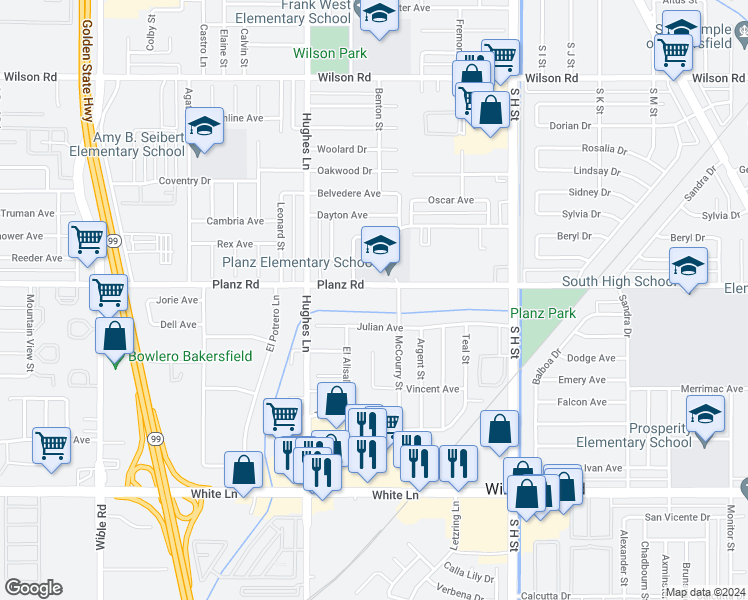 map of restaurants, bars, coffee shops, grocery stores, and more near 3301 McCourry Street in Bakersfield