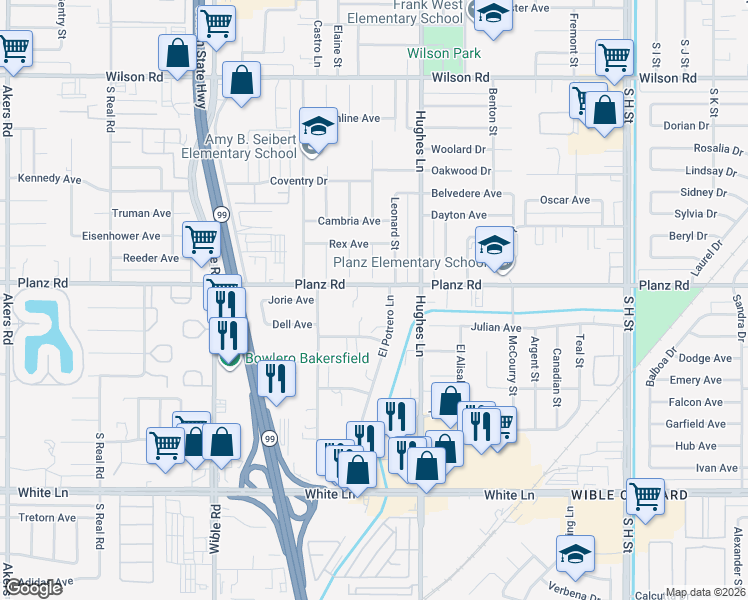 map of restaurants, bars, coffee shops, grocery stores, and more near 3217 Earnest Court in Bakersfield