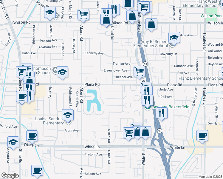 map of restaurants, bars, coffee shops, grocery stores, and more near 3612 Planz Road in Bakersfield