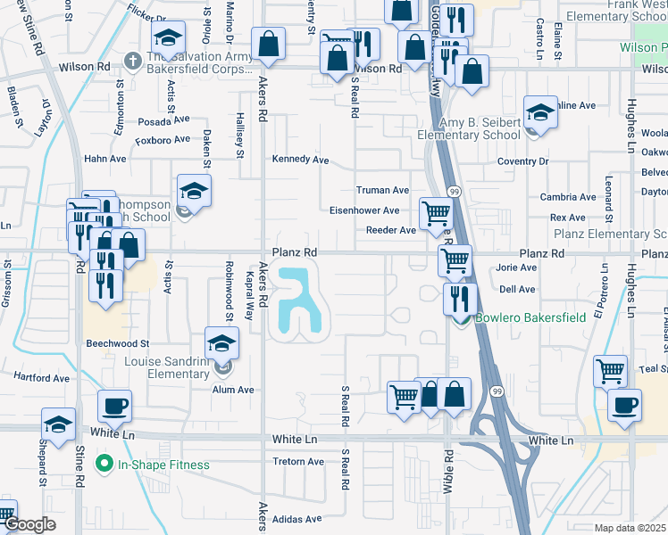 map of restaurants, bars, coffee shops, grocery stores, and more near 3221 Johnson Court in Bakersfield