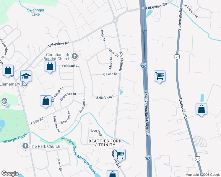 map of restaurants, bars, coffee shops, grocery stores, and more near 7938 Ebony Road in Charlotte