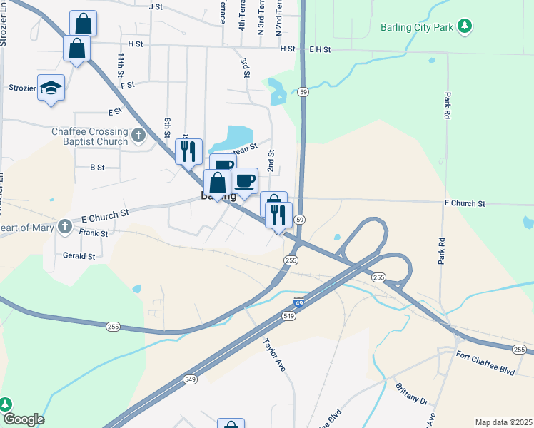 map of restaurants, bars, coffee shops, grocery stores, and more near 209 East Church Street in Barling