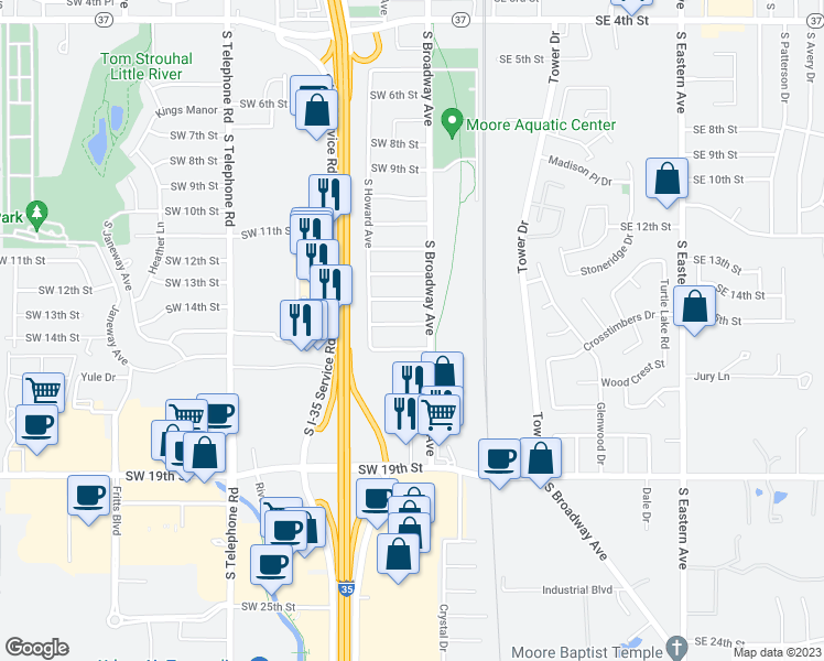 map of restaurants, bars, coffee shops, grocery stores, and more near 108 Southwest 15th Street in Moore