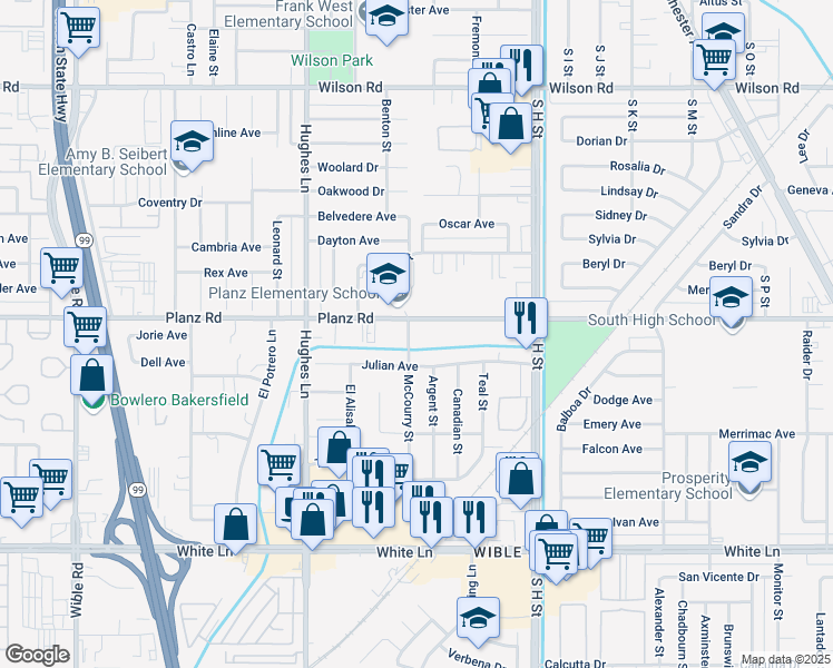 map of restaurants, bars, coffee shops, grocery stores, and more near 3301 McCourry Street in Bakersfield