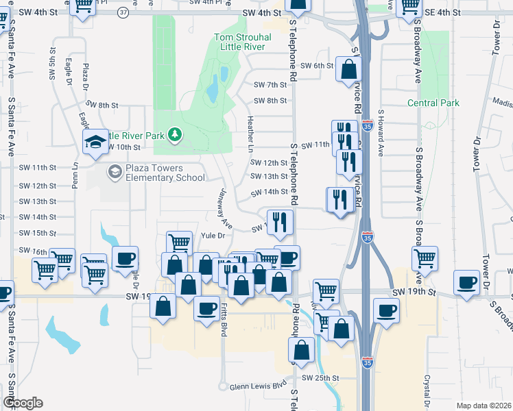 map of restaurants, bars, coffee shops, grocery stores, and more near 649 Southwest 14th Street in Moore