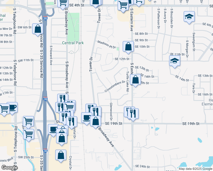 map of restaurants, bars, coffee shops, grocery stores, and more near 1515 Hollow Oak Street in Moore