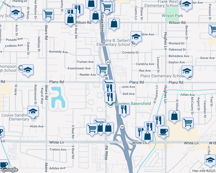 map of restaurants, bars, coffee shops, grocery stores, and more near 3300 Wible Road in Bakersfield