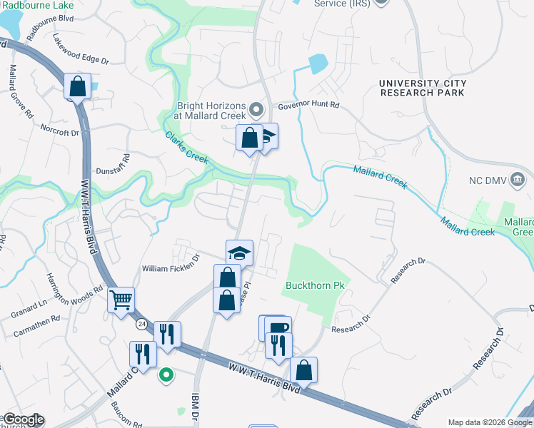 map of restaurants, bars, coffee shops, grocery stores, and more near 1701 J N Pease Place in Charlotte
