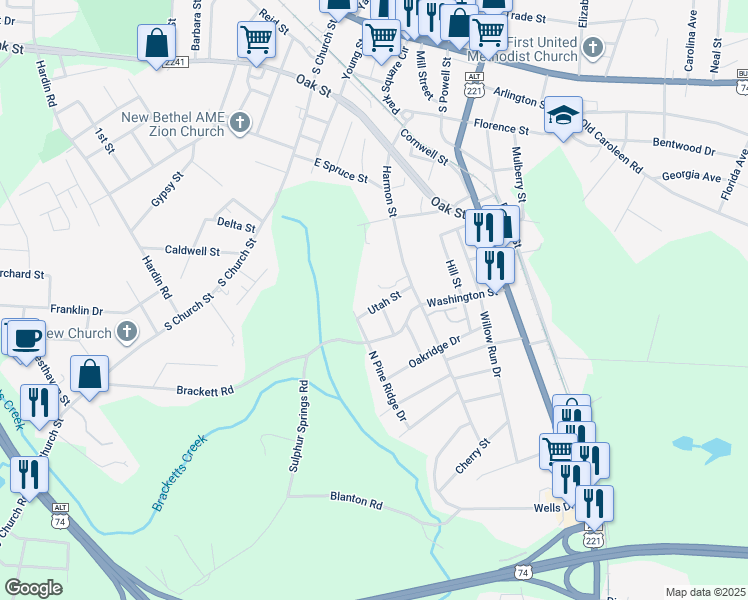 map of restaurants, bars, coffee shops, grocery stores, and more near Utah Street in Forest City