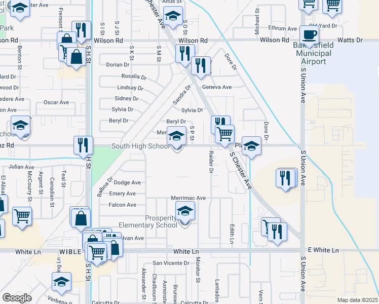 map of restaurants, bars, coffee shops, grocery stores, and more near 1101 Planz Road in Bakersfield