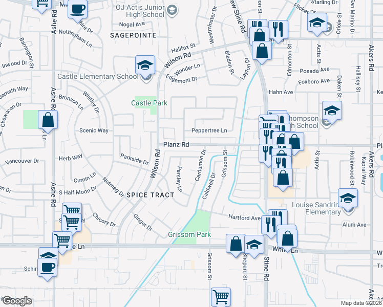 map of restaurants, bars, coffee shops, grocery stores, and more near 5206 Planz Road in Bakersfield