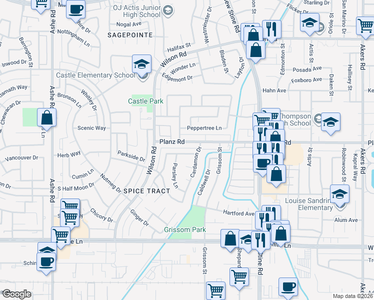map of restaurants, bars, coffee shops, grocery stores, and more near 5206 Planz Road in Bakersfield
