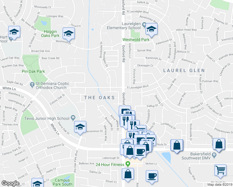map of restaurants, bars, coffee shops, grocery stores, and more near 3300 Wenham Drive in Bakersfield