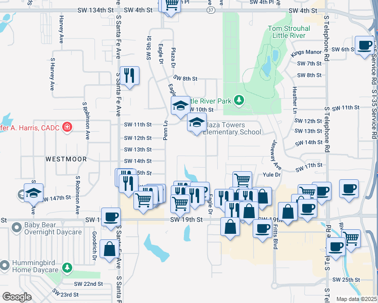 map of restaurants, bars, coffee shops, grocery stores, and more near 839 Southwest 14th Street in Moore