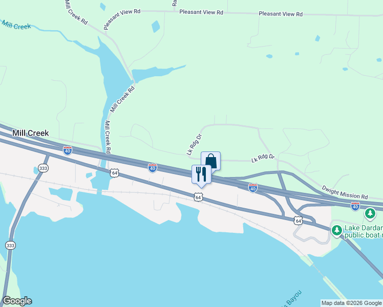 map of restaurants, bars, coffee shops, grocery stores, and more near 42 Lake Ridge Drive in Russellville