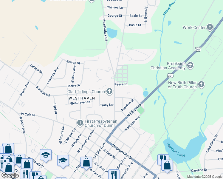 map of restaurants, bars, coffee shops, grocery stores, and more near 901 Fairground Road in Dunn
