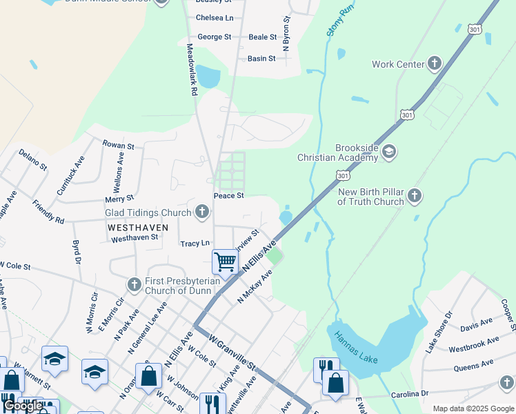 map of restaurants, bars, coffee shops, grocery stores, and more near in Dunn