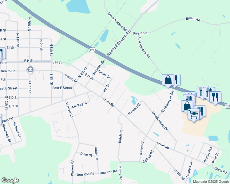 map of restaurants, bars, coffee shops, grocery stores, and more near 204 3rd Street in Erwin