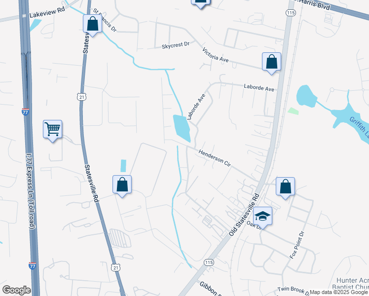 map of restaurants, bars, coffee shops, grocery stores, and more near 7146 Henderson Valley Lane in Charlotte