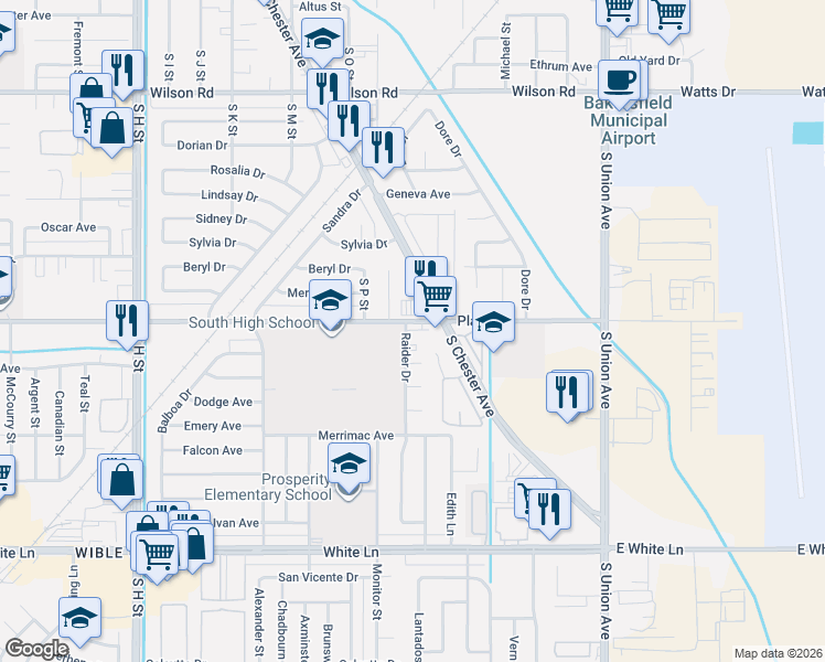 map of restaurants, bars, coffee shops, grocery stores, and more near 700 Planz Road in Bakersfield