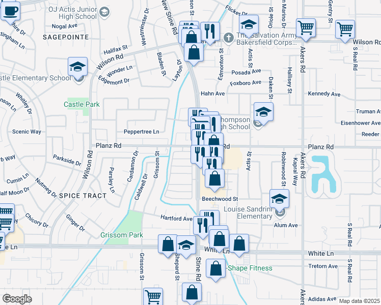 map of restaurants, bars, coffee shops, grocery stores, and more near 4832 Planz Road in Bakersfield