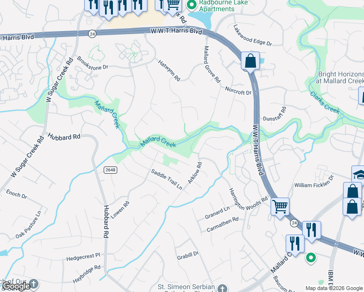 map of restaurants, bars, coffee shops, grocery stores, and more near 5702 Maylandia Road in Charlotte