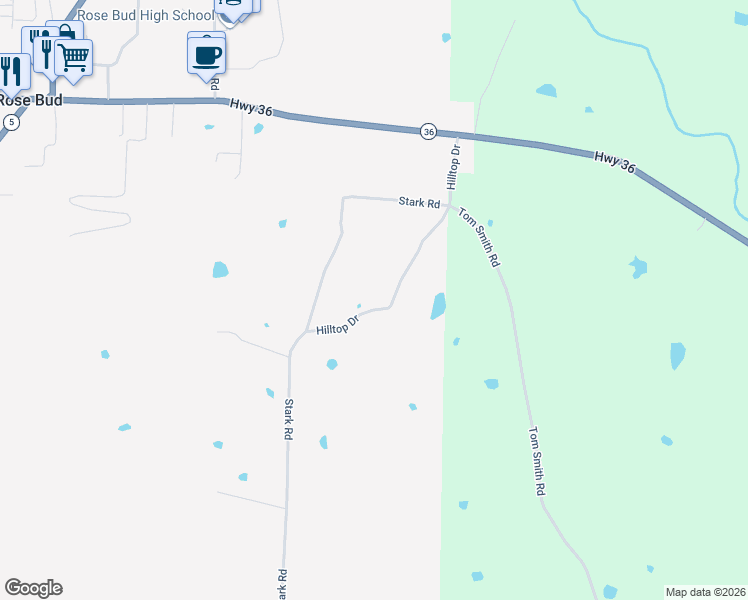 map of restaurants, bars, coffee shops, grocery stores, and more near 178 Hilltop Drive in Rose Bud