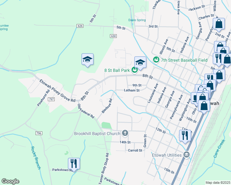 map of restaurants, bars, coffee shops, grocery stores, and more near 816 Dunn Street in Etowah