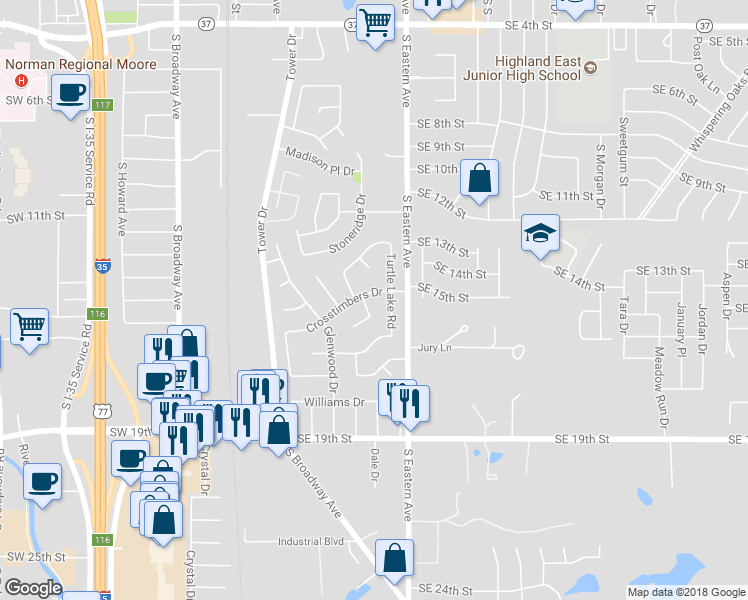map of restaurants, bars, coffee shops, grocery stores, and more near 708 Cross Timber Drive in Moore