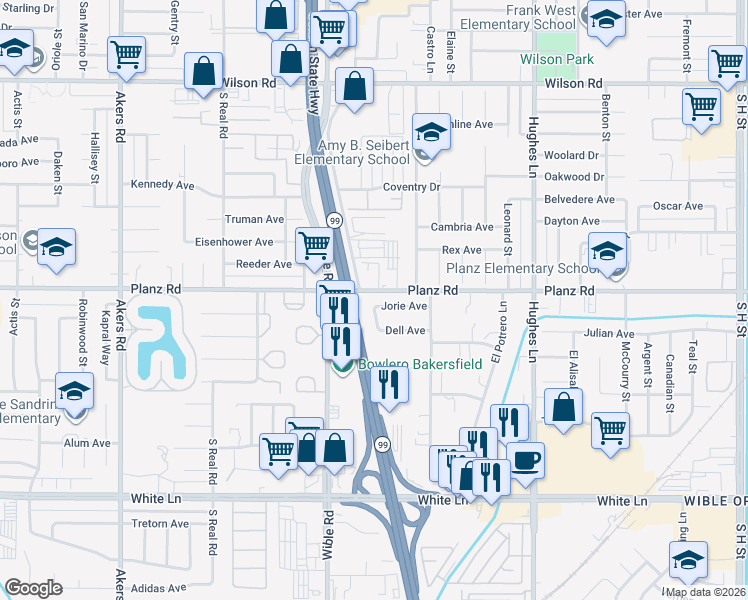 map of restaurants, bars, coffee shops, grocery stores, and more near 3104 Jorie Avenue in Bakersfield