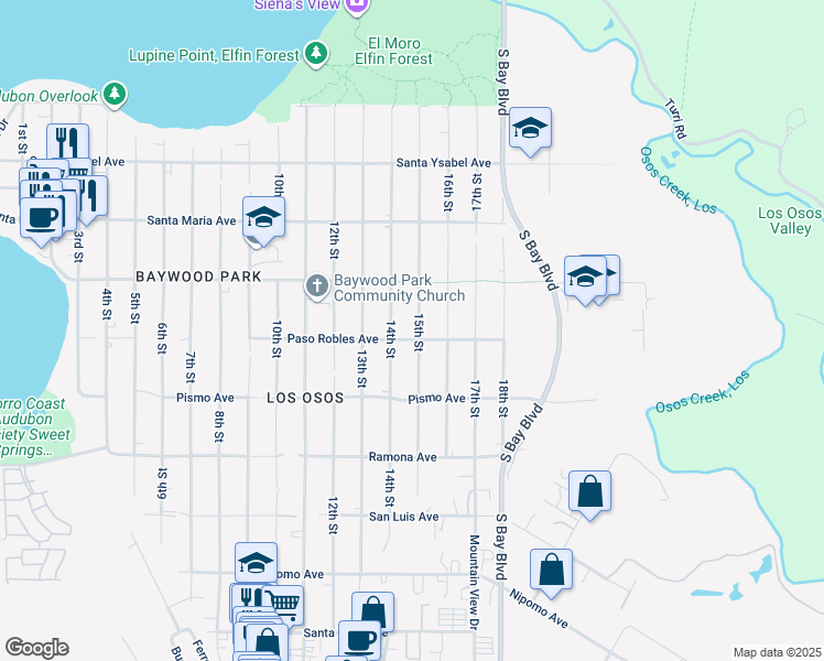 map of restaurants, bars, coffee shops, grocery stores, and more near 1487 15th Street in Baywood-Los Osos