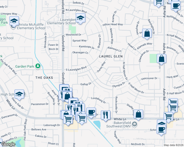 map of restaurants, bars, coffee shops, grocery stores, and more near 7613 Olympia Drive in Bakersfield