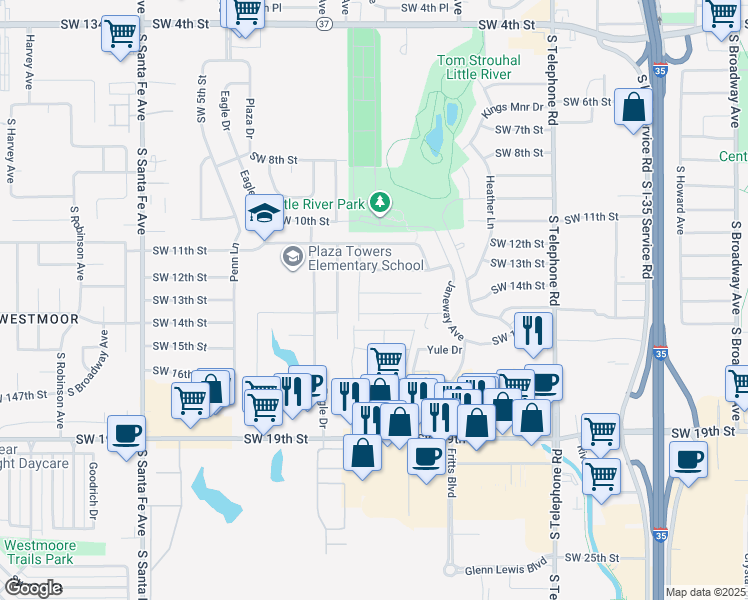 map of restaurants, bars, coffee shops, grocery stores, and more near 747 Southwest 13th Street in Moore