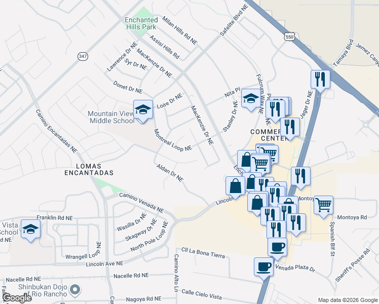 map of restaurants, bars, coffee shops, grocery stores, and more near 7528 Ottawa Drive Northeast in Rio Rancho