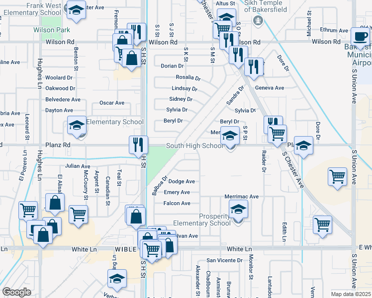 map of restaurants, bars, coffee shops, grocery stores, and more near 1313 Planz Road in Bakersfield