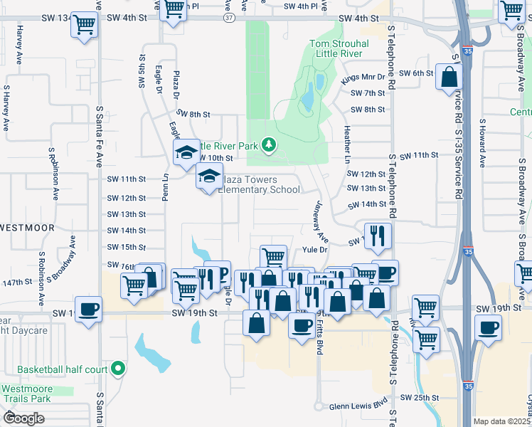 map of restaurants, bars, coffee shops, grocery stores, and more near 747 Southwest 13th Street in Moore