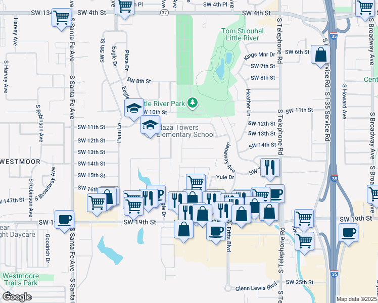 map of restaurants, bars, coffee shops, grocery stores, and more near 747 Southwest 13th Street in Moore