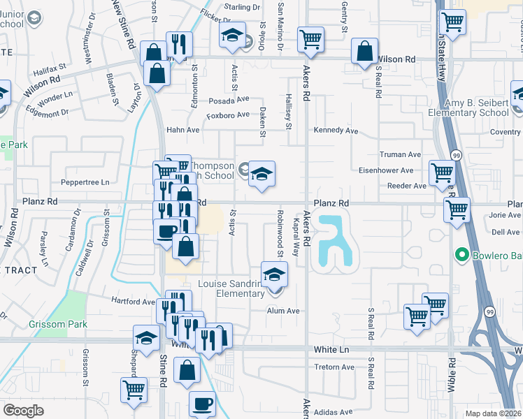 map of restaurants, bars, coffee shops, grocery stores, and more near 4303 Planz Road in Bakersfield