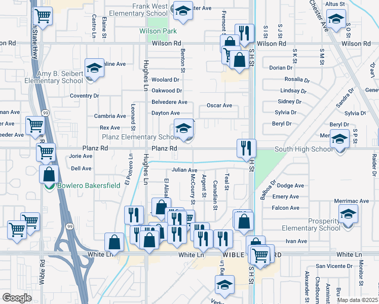 map of restaurants, bars, coffee shops, grocery stores, and more near 3301 McCourry Street in Bakersfield
