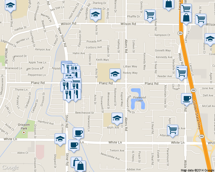map of restaurants, bars, coffee shops, grocery stores, and more near 4303 Planz Road in Bakersfield