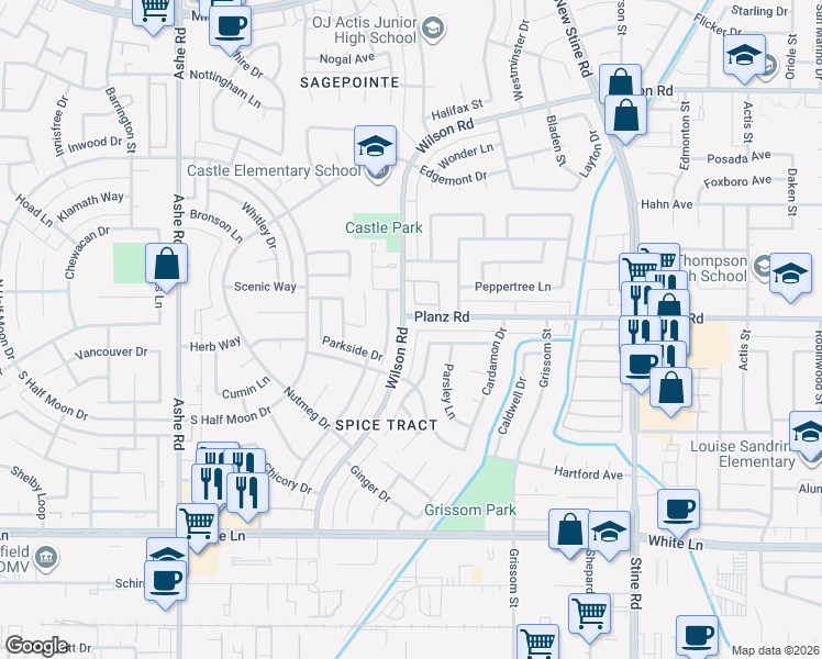 map of restaurants, bars, coffee shops, grocery stores, and more near 6200 Wilson Road in Bakersfield