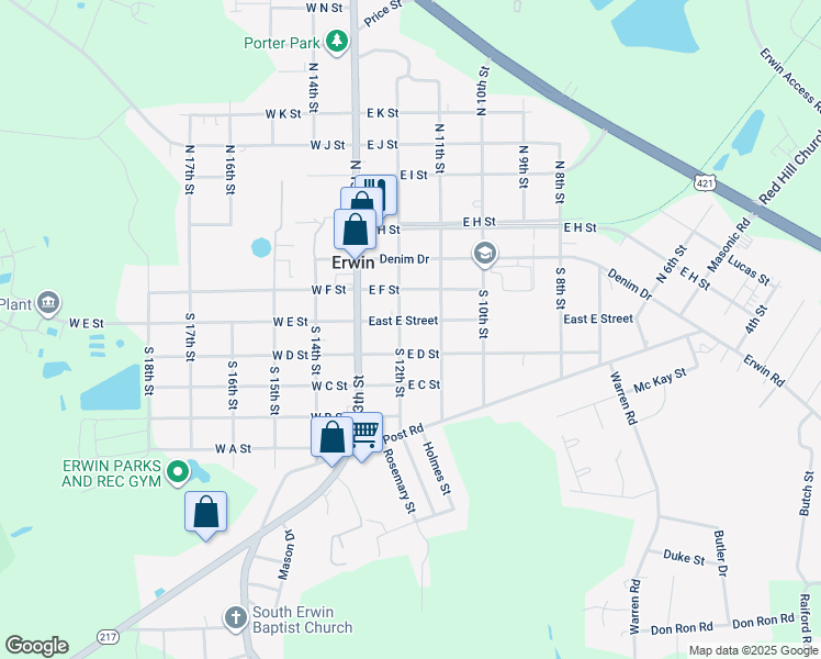 map of restaurants, bars, coffee shops, grocery stores, and more near 206 East E Street in Erwin